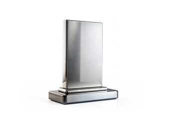3d render illustration for a rectangular modern futuristic metal stand with a metal base blank mockup isolated on a white background