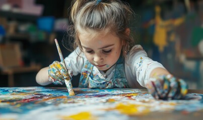 Girl painting with colorful paint.
