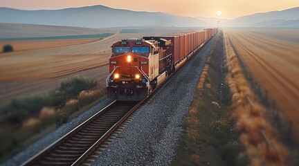 A freight train moving forward along a railway track, The train is carrying standardized cargo containers of the same size, the power of the train as it moves through an open landscape.
