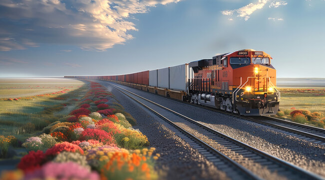 A freight train moving forward along a railway track, The train is carrying standardized cargo containers of the same size, the power of the train as it moves through an open landscape.