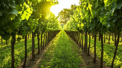 Obraz premium Sunlit Pathway Through Rows of Grapevines in a Vineyard