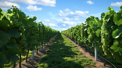 Naklejka premium Lush Vineyard with Green Grapes and a Blue Sky