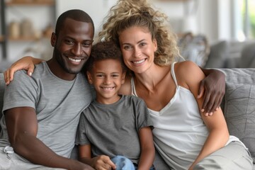 Fototapeta premium A happy family of three sitting close together on a sofa, with the parents embracing their child, creating a warm and loving family moment in a cozy home setting.