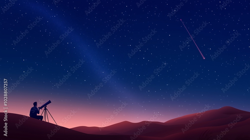 Wall mural a stargazer observes the night sky with a telescope as a meteor shoots across the clear desert horiz