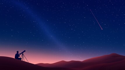 Fototapeta premium A stargazer observes the night sky with a telescope as a meteor shoots across the clear desert horizon under a blanket of stars