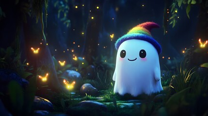 Obraz premium Cute Ghost with Rainbow Hat in Enchanted Forest with Fireflies