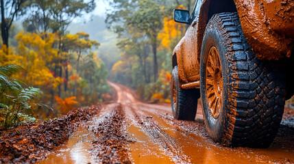 A muddy off-road journey through a colorful forest trail during autumn