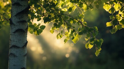 Obraz premium Sunlit Birch Tree Leaves with Bark in Foreground