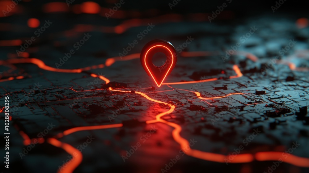 Poster abstract 3d map with a glowing red gps pin, representing road map navigation and the use of digital 