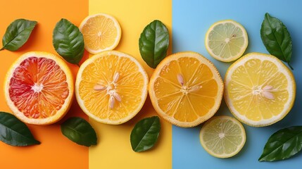 Fototapeta premium A vibrant arrangement of sliced citrus fruits including blood orange, grapefruit, and lemon, placed on a colorful tri-tone background, accompanied by fresh green leaves.
