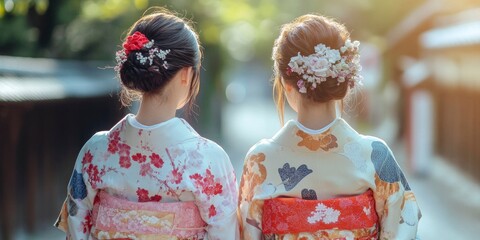 Obraz premium women wearing traditional japanese kimono walking in Kyoto city in Japan. ai generated