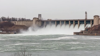 Water flowing from a dam into a river.