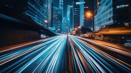 Naklejka premium High-speed cars on city highway at night, light trails in modern urban landscape