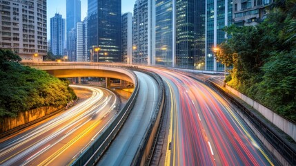 Fototapeta premium High-speed cars on city highway at night, light trails in modern urban landscape