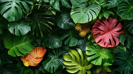 Lush Tropical Foliage with Red and Orange Accents