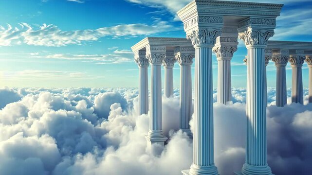 White pillars rise from the clouds, creating a majestic and surreal scene