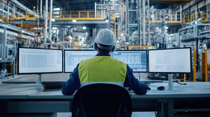 Fototapeta premium Industrial Engineer at Control Desk with Multiple Monitors