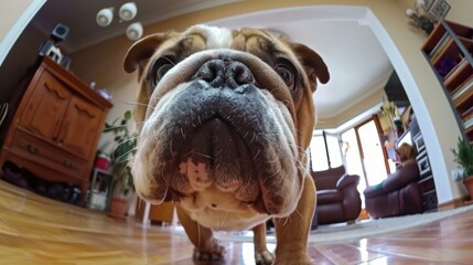 Plakat Pet POV Photography. Close-up of cute dog face captured from a low-angle pet cam, offering a creative and immersive perspective of the dog s world.
