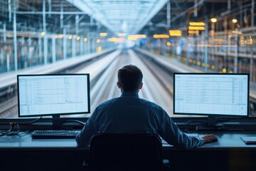 Railway Coordinator Monitoring Tracks from Control Room Console