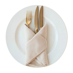 Elegant Table Setting with Gold Cutlery Wrapped in a Soft Napkin on a Plate