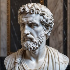 Fototapeta premium Marble bust of the ancient philosopher with expressive facial features. Stoicism
