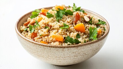 A bowl of quinoa salad with dried apricots and almonds, isolated on a clean white background with subtle gold botanical elements