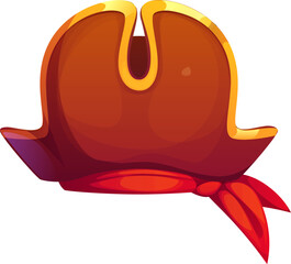 Cartoon pirate tricorn hat, vector corsair or captain cocked hat. Isolated seafarer headdress with red bandana. Buccaneer headgear, filibuster piracy costume. Vintage headdress for carnival party