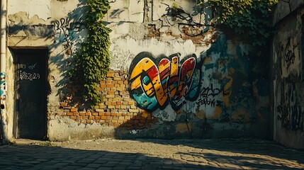 Colorful urban graffiti on weathered brick wall in sunlit alleyway