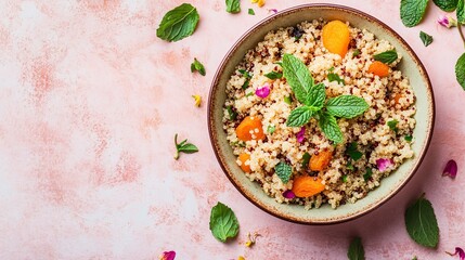 A bowl of quinoa salad with dried apricots and fresh mint, placed on a soft pastel pink background with intricate floral decorative elements