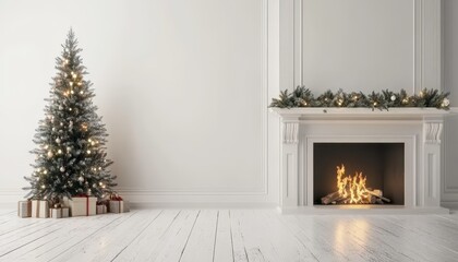 Cozy holiday scene with a decorated tree and warm fireplace