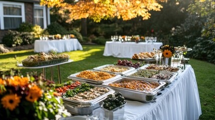 Catering setup outdoors for a celebration, with buffet tables, elegant dining arrangements, and a festive, open-air party vibe