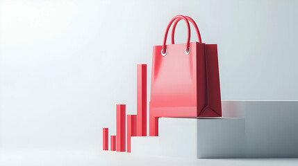 3D Hovering Shopping Bag with Upward Graph - Vector Icon Symbolizing Retail Growth and Success on Clean White Background for Infographics