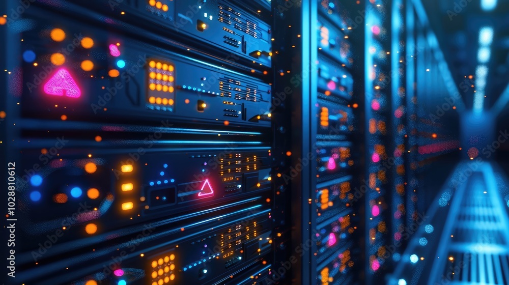 Leinwandbilder a blue background with server rack and circuit board elements, glowing server racks in data communic