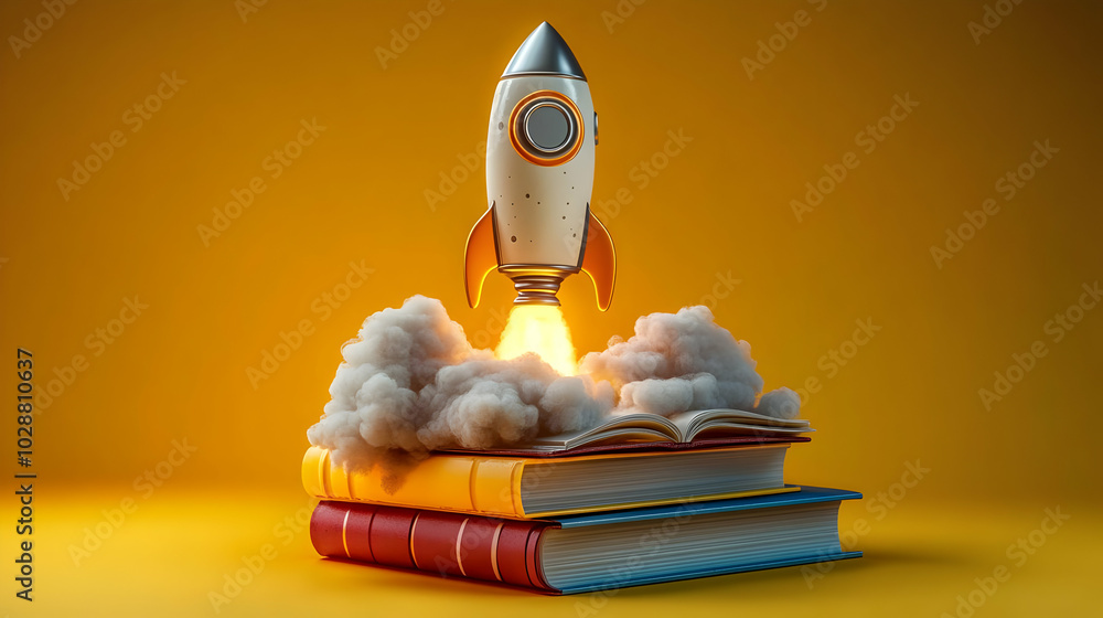 Poster a rocket launching from a stack of colorful books, symbolizing knowledge.