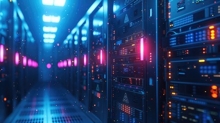 Naklejka premium A blue background with server rack and circuit board elements, Glowing Server Racks in Data Communication Hub.