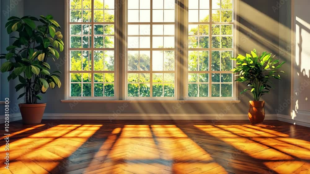 Poster sunlight streams through a large window, illuminating a wooden floor and casting shadows on the wall