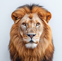 Fototapeta premium Majestic lion gazing directly at the camera against a plain background during daylight