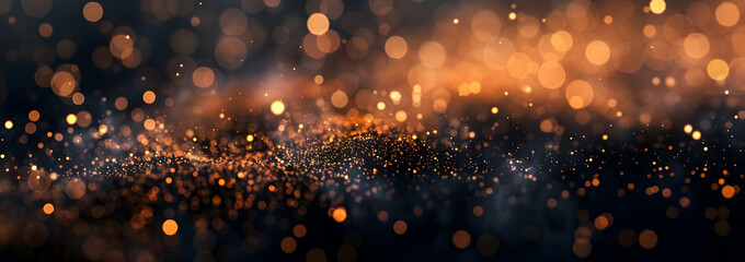 Fototapeta premium A dark background with white bokeh lights, dust particles in the air, and a subtle gradient of golden hues. 