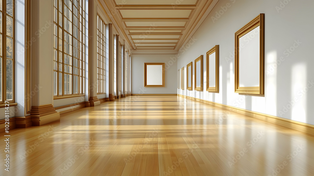 Poster a spacious gallery with wooden floors and empty picture frames.
