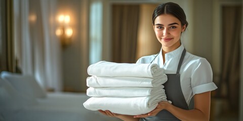 A smiling housekeeper in a well-designed hotel room holds neatly stacked white towels. The scene captures a moment of service and hospitality. A warm and welcoming atmosphere. AI