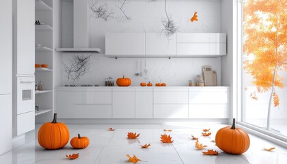 Modern white kitchen decorated for fall with pumpkins and autumn leaves