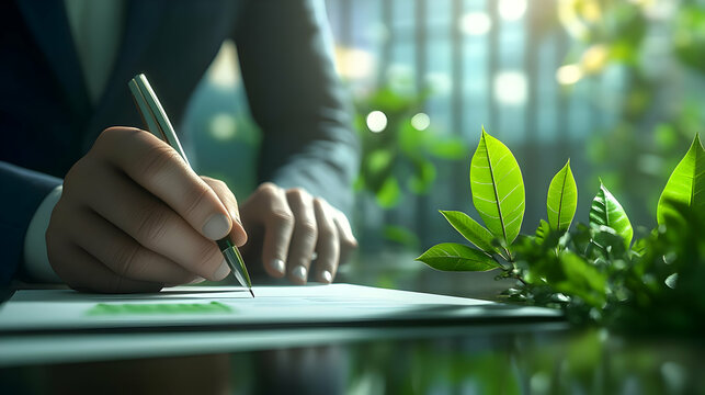 3D Impromptu Sustainable Business Decision Concept: Close-Up of Business Leader Signing Document, Reflecting Determination Amidst Eco-Friendly Office Initiatives