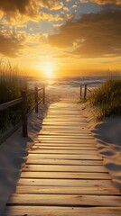 Fototapeta premium A wooden boardwalk leading to the beach, sunset, yellow and orange tones, golden hour