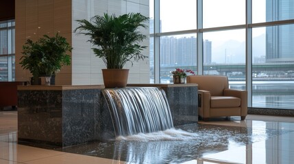 Indoor Waterfall with City View