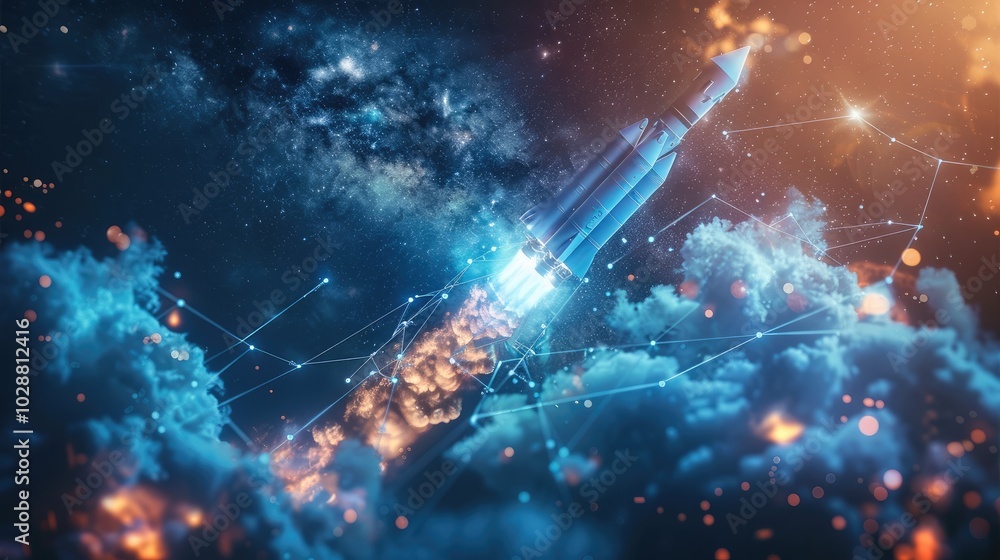 Poster digital illustration of a rocket launching with glowing blue lines and abstract connections.