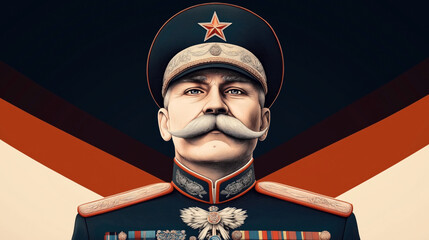 Illustration of a stern-faced military officer with a large mustache wearing a decorated uniform and peaked cap with a star emblem, featuring bold geometric background elements.