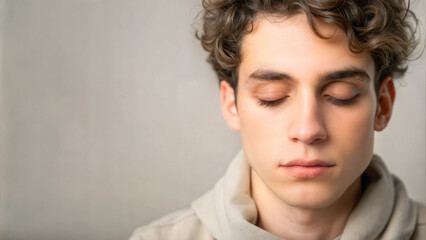 Obraz premium Young man with closed eyes in peaceful meditation indoors.