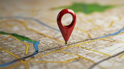 Digital 3D map with a prominent navigation pin, symbolizing modern GPS tracking and road navigation technology