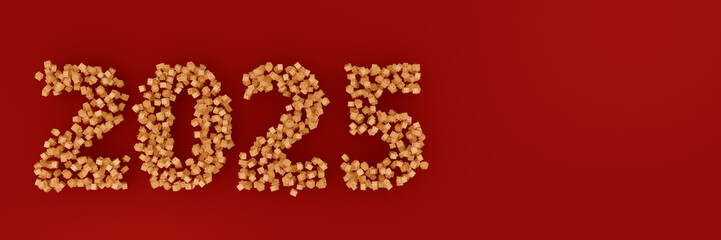 Christmas, New Year's banner 2025, 3D figurines made from gift boxes. Red background, a golden gift with a golden bow. Christmas holiday card, template.