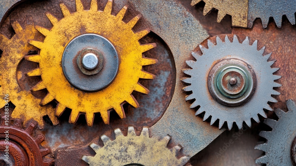 Poster discover a vibrant display of gears and cogs in various colors, embodying the complexity of machiner